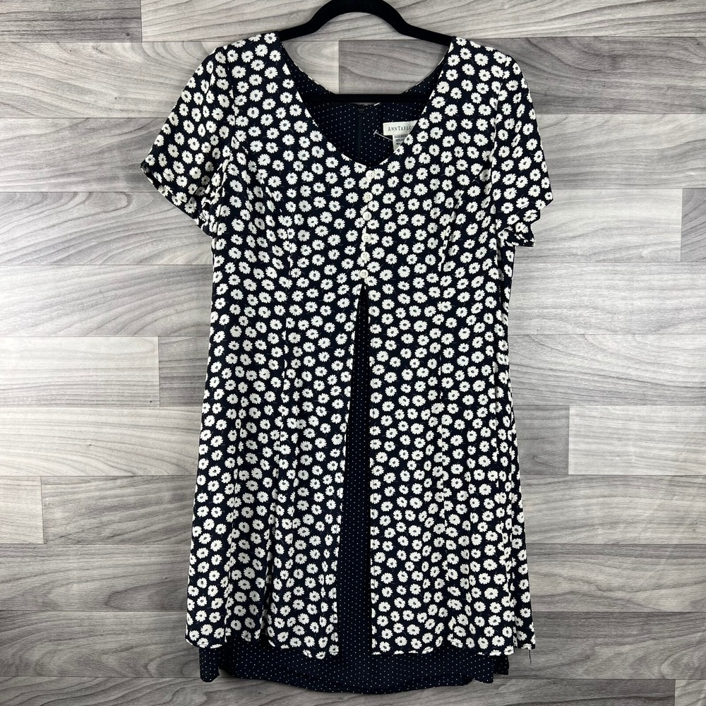 Ann Taylor A-Line Dress Womens 8 Navy Blue Floral Cap Sleeve Layered Button Zip